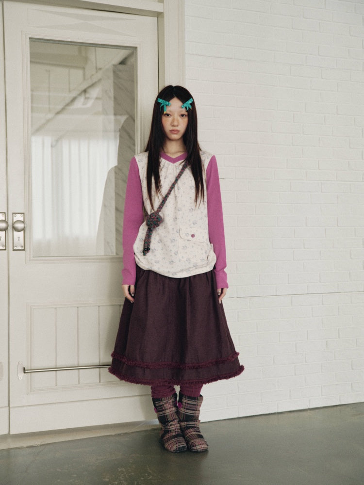 Vintage Plaid Patchwork Burgundy Lace Trim Denim Midi Skirt【s0000018960】