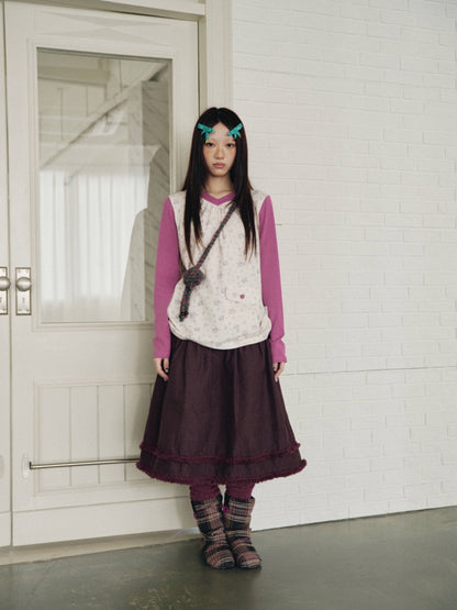 Vintage Plaid Patchwork Burgundy Lace Trim Denim Midi Skirt【s0000018960】