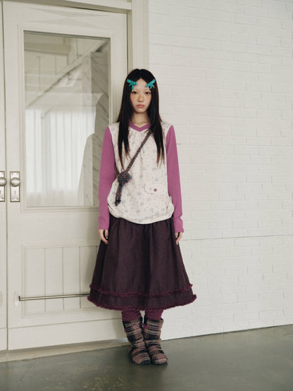 Vintage Plaid Patchwork Burgundy Lace Trim Denim Midi Skirt【s0000018960】