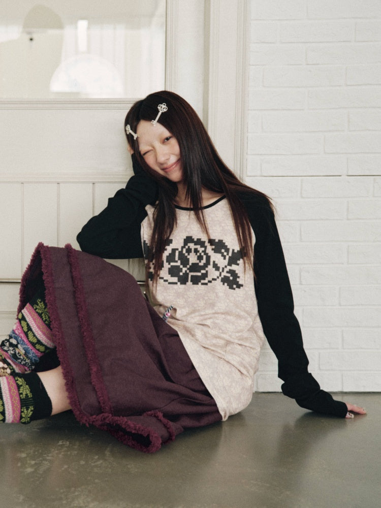 Vintage Plaid Patchwork Burgundy Lace Trim Denim Midi Skirt【s0000018960】