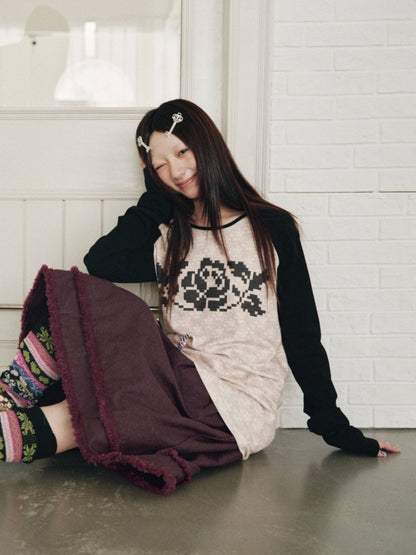 Vintage Plaid Patchwork Burgundy Lace Trim Denim Midi Skirt【s0000018960】