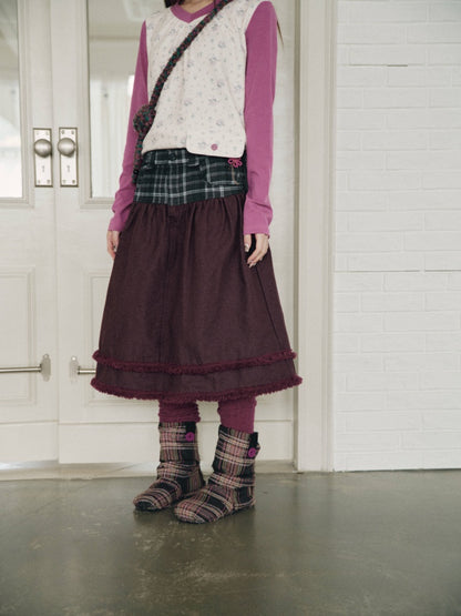 Vintage Plaid Patchwork Burgundy Lace Trim Denim Midi Skirt【s0000018960】