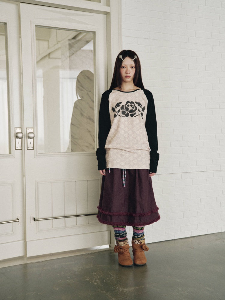 Vintage Plaid Patchwork Burgundy Lace Trim Denim Midi Skirt【s0000018960】