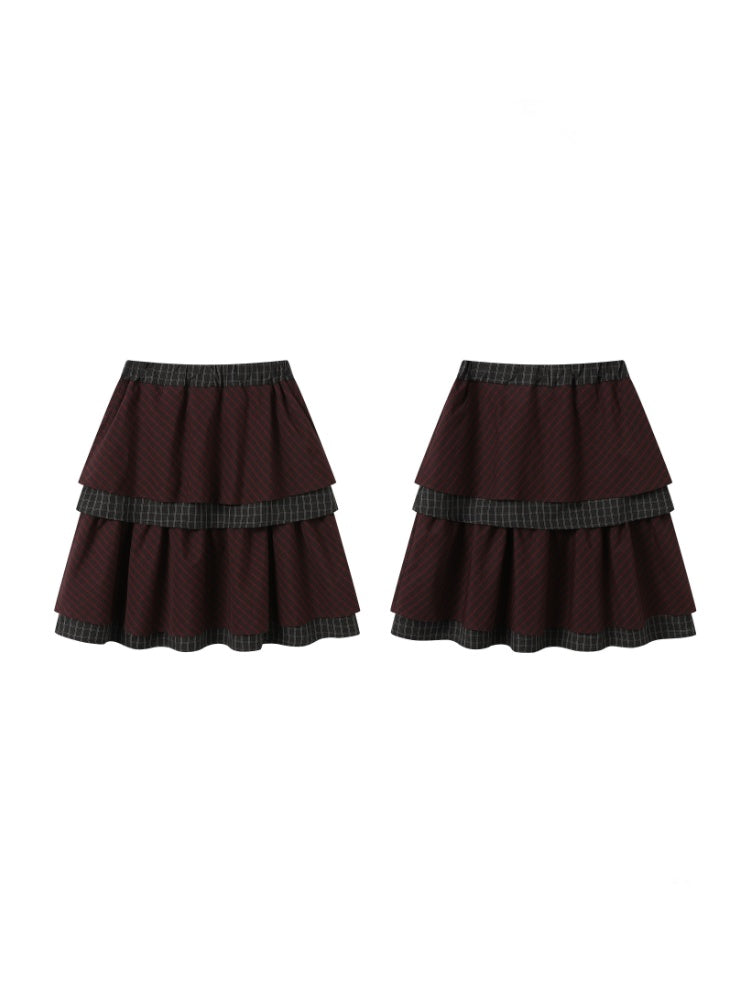 Vintage Plaid Layered Ruffle Hem Dark Red Midi Skirt【s0000018961】
