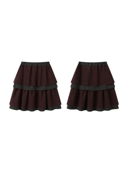 Vintage Plaid Layered Ruffle Hem Dark Red Midi Skirt【s0000018961】