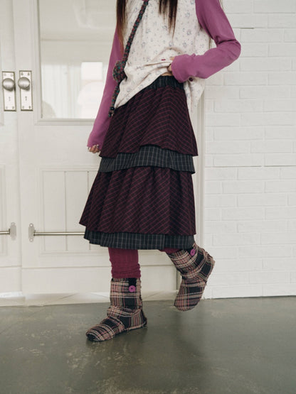 Vintage Plaid Layered Ruffle Hem Dark Red Midi Skirt【s0000018961】