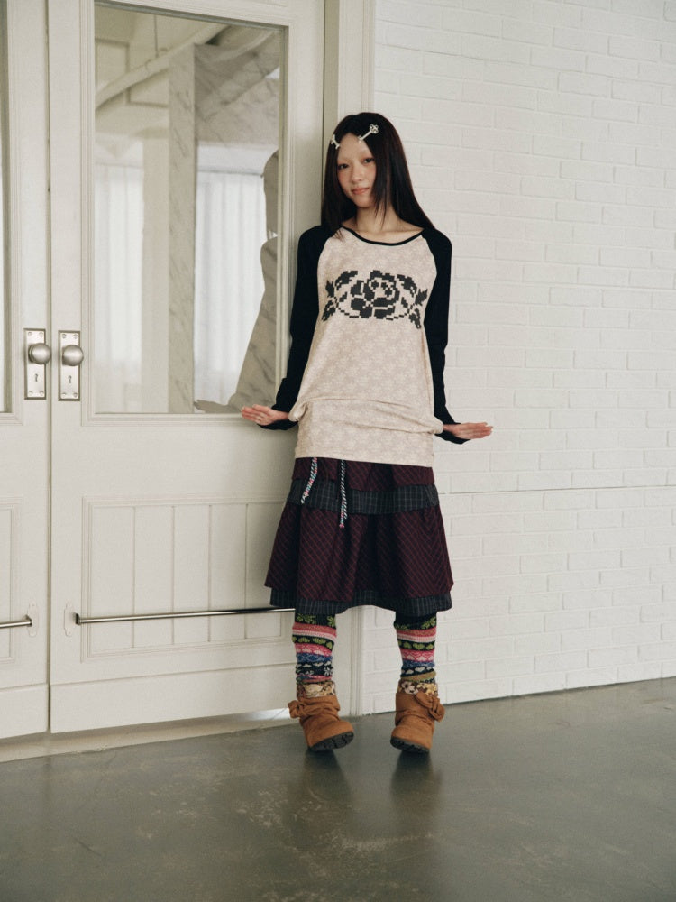 Vintage Plaid Layered Ruffle Hem Dark Red Midi Skirt【s0000018961】
