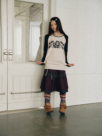 Vintage Plaid Layered Ruffle Hem Dark Red Midi Skirt【s0000018961】