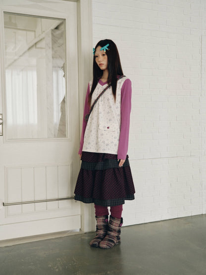 Vintage Plaid Layered Ruffle Hem Dark Red Midi Skirt【s0000018961】