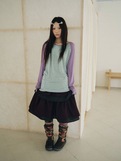 Vintage Plaid Layered Ruffle Hem Dark Red Midi Skirt【s0000018961】