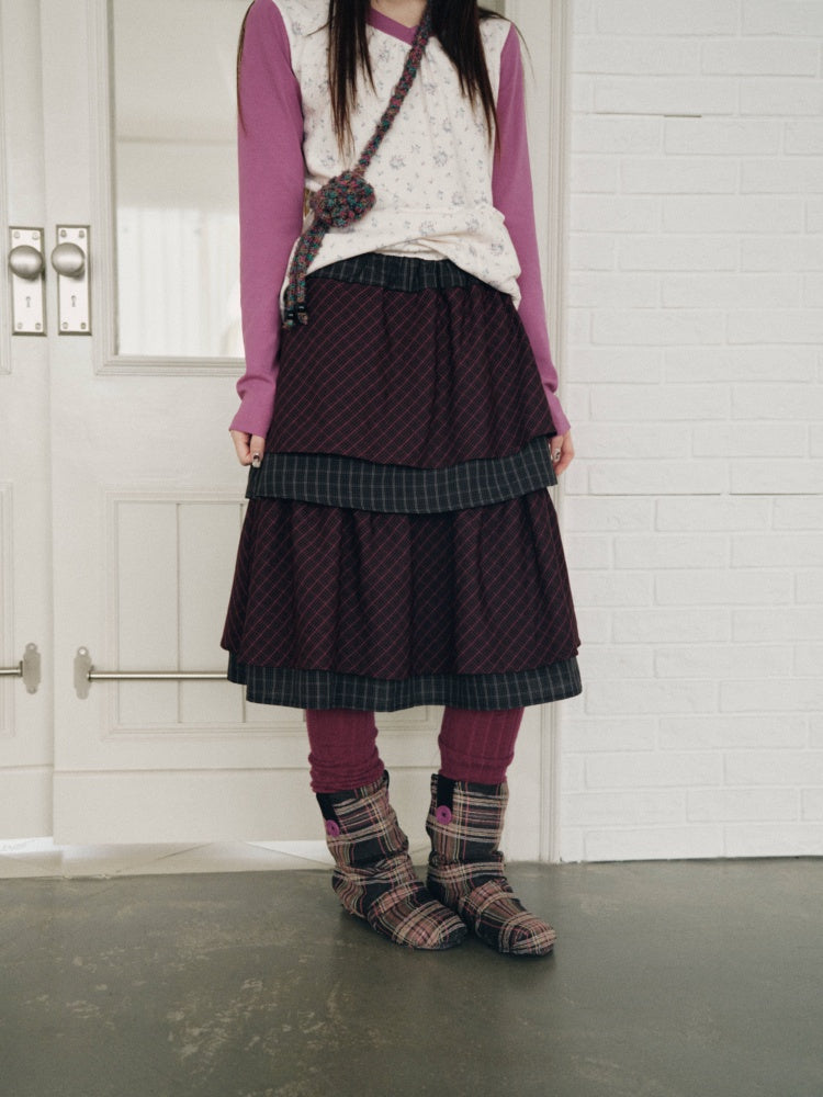 Vintage Plaid Layered Ruffle Hem Dark Red Midi Skirt【s0000018961】