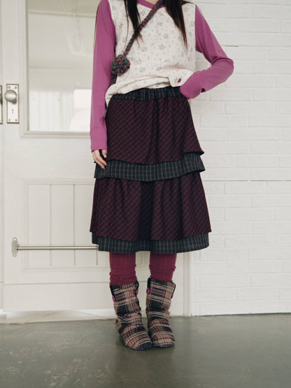 Vintage Plaid Layered Ruffle Hem Dark Red Midi Skirt【s0000018961】