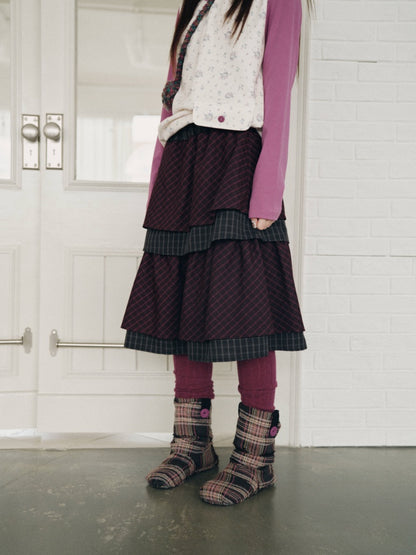 Vintage Plaid Layered Ruffle Hem Dark Red Midi Skirt【s0000018961】