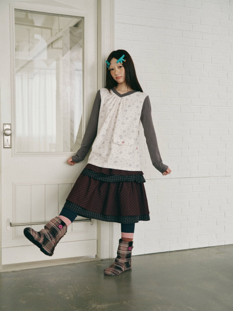 Vintage Plaid Layered Ruffle Hem Dark Red Midi Skirt【s0000018961】