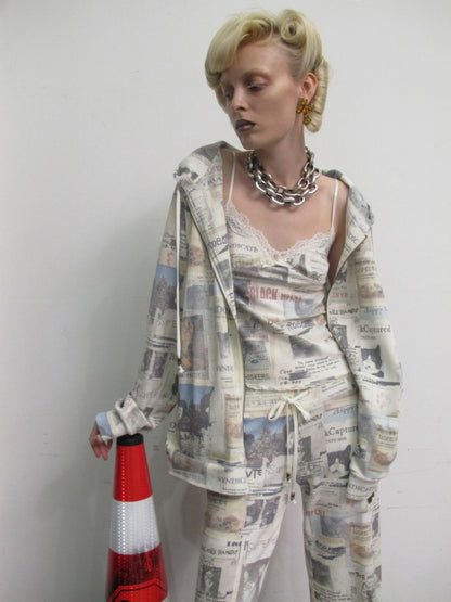 Vintage Cat Newspaper Full-Print Waffle Strap Sweatpants Hooded Cardigan Set【s0000019010】