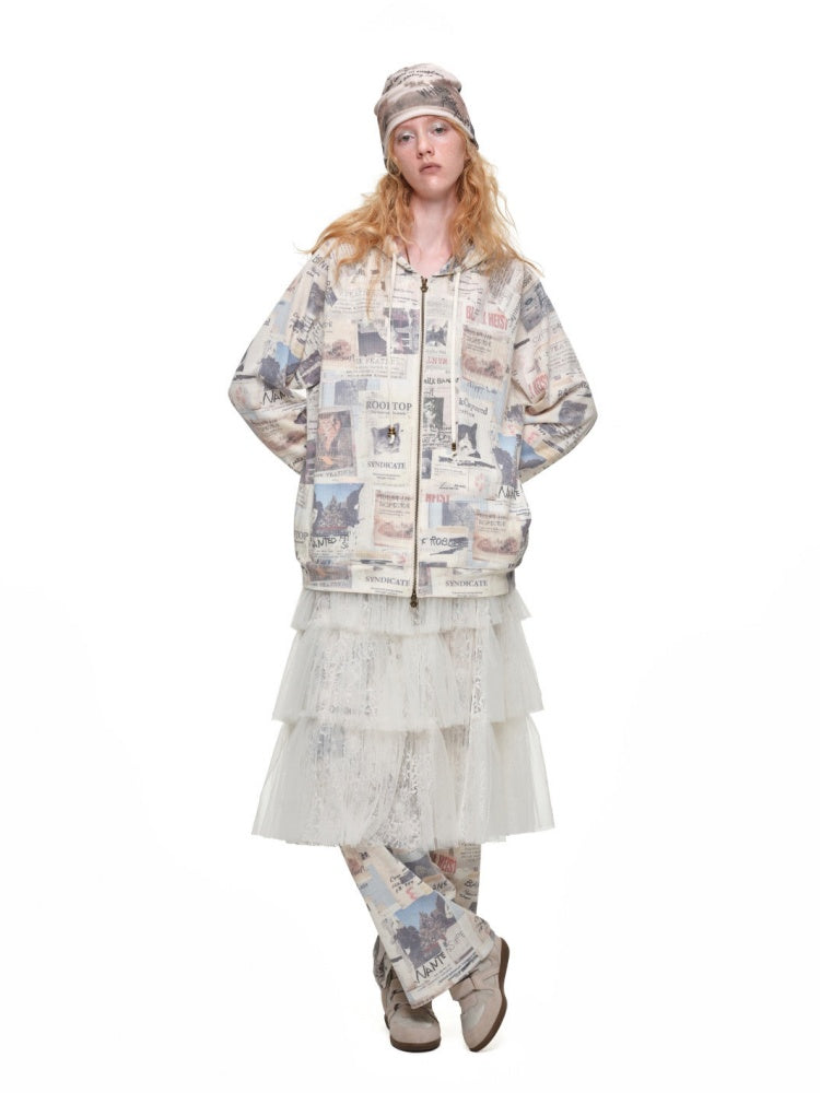 Vintage Cat Newspaper Full-Print Waffle Strap Sweatpants Hooded Cardigan Set【s0000019010】