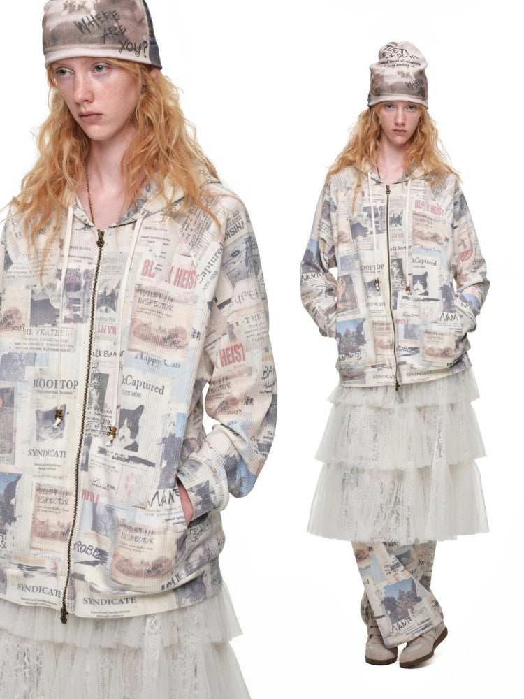 Vintage Cat Newspaper Full-Print Waffle Strap Sweatpants Hooded Cardigan Set【s0000019010】
