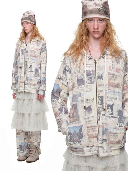 Vintage Cat Newspaper Full-Print Waffle Strap Sweatpants Hooded Cardigan Set【s0000019010】