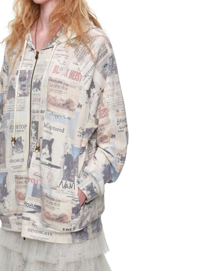 Vintage Cat Newspaper Full-Print Waffle Strap Sweatpants Hooded Cardigan Set【s0000019010】