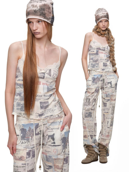 Vintage Cat Newspaper Full-Print Waffle Strap Sweatpants Hooded Cardigan Set【s0000019010】