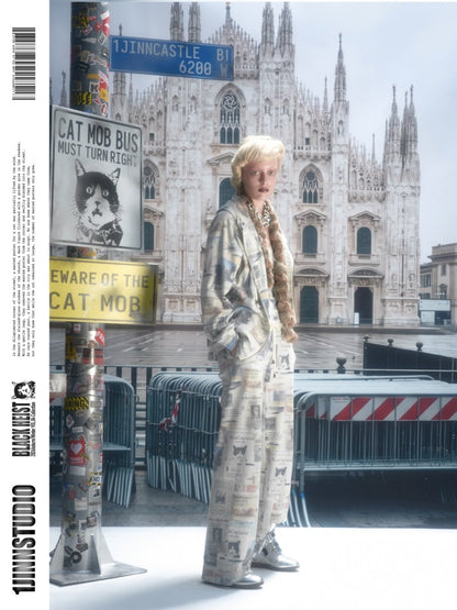 Vintage Cat Newspaper Full-Print Waffle Strap Sweatpants Hooded Cardigan Set【s0000019010】