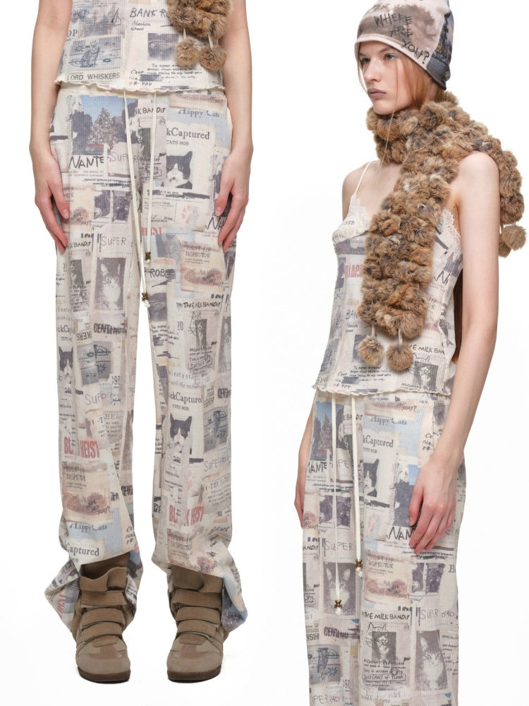 Vintage Cat Newspaper Full-Print Waffle Strap Sweatpants Hooded Cardigan Set【s0000019010】