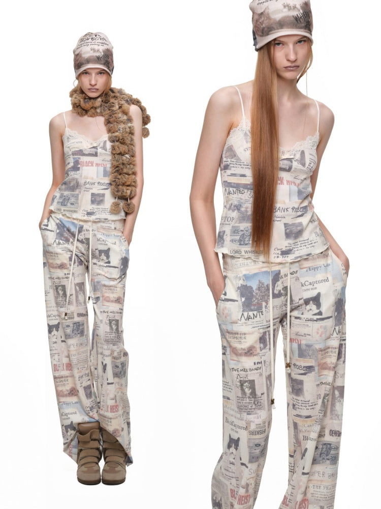 Vintage Cat Newspaper Full-Print Waffle Strap Sweatpants Hooded Cardigan Set【s0000019010】