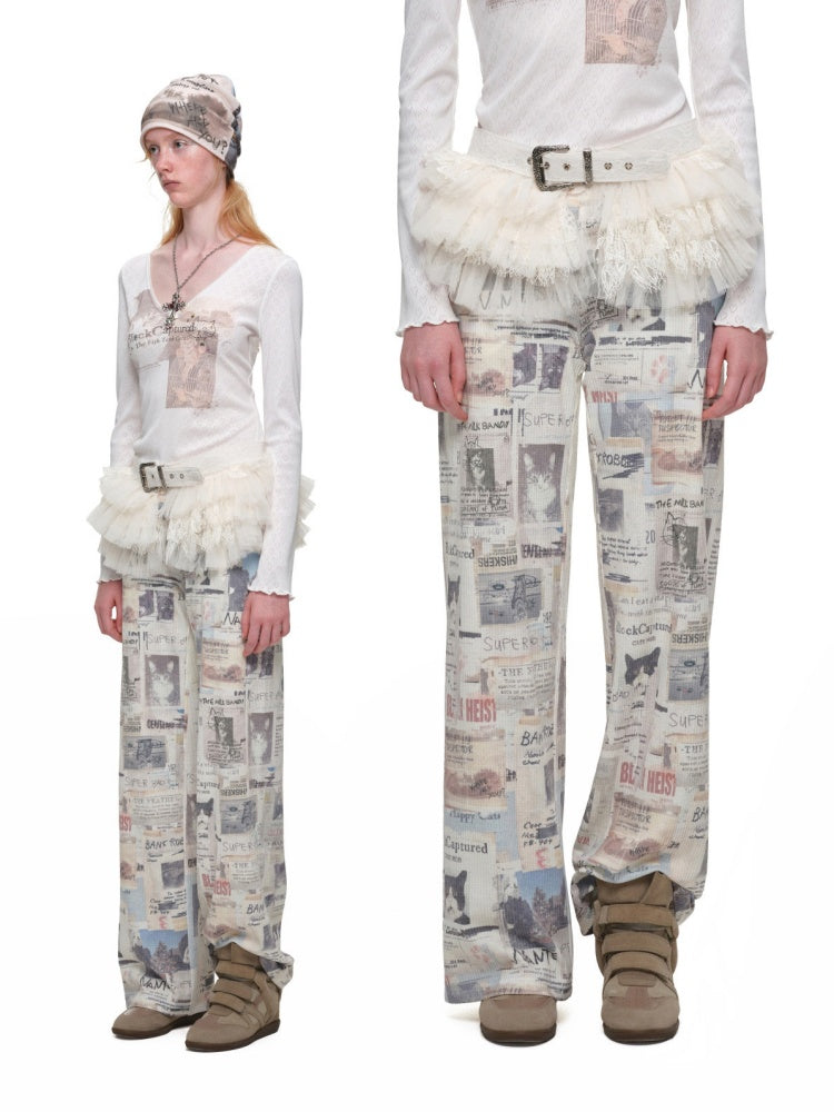 Vintage Cat Newspaper Full-Print Waffle Strap Sweatpants Hooded Cardigan Set【s0000019010】
