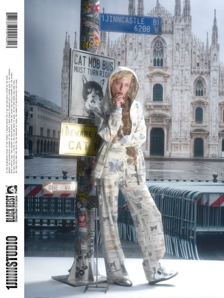 Vintage Cat Newspaper Full-Print Waffle Strap Sweatpants Hooded Cardigan Set【s0000019010】