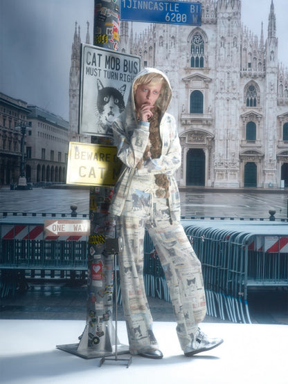 Vintage Cat Newspaper Full-Print Waffle Strap Sweatpants Hooded Cardigan Set【s0000019010】