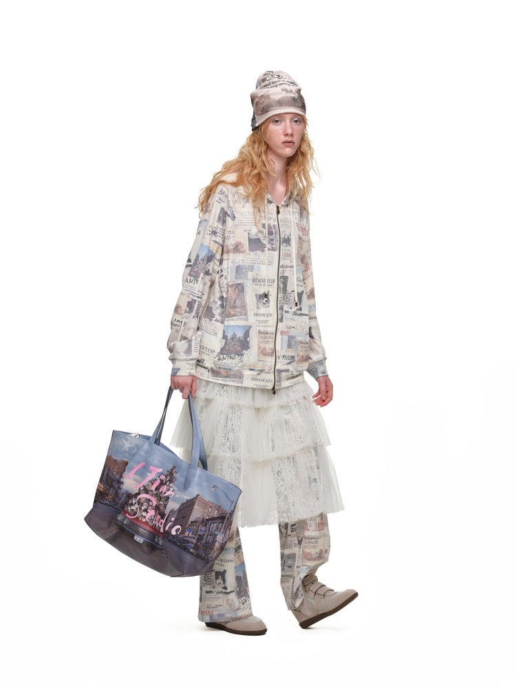 Vintage Cat Newspaper Full-Print Waffle Strap Sweatpants Hooded Cardigan Set【s0000019010】