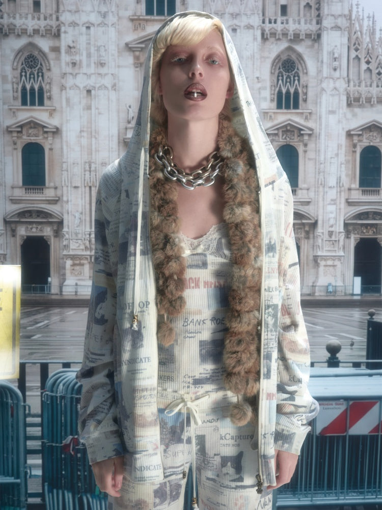 Vintage Cat Newspaper Full-Print Waffle Strap Sweatpants Hooded Cardigan Set【s0000019010】