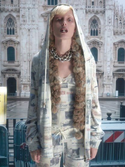 Vintage Cat Newspaper Full-Print Waffle Strap Sweatpants Hooded Cardigan Set【s0000019010】