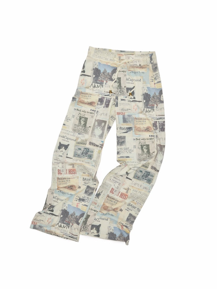 Vintage Cat Newspaper Full-Print Waffle Strap Sweatpants Hooded Cardigan Set【s0000019010】