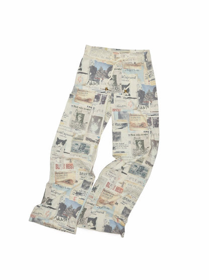 Vintage Cat Newspaper Full-Print Waffle Strap Sweatpants Hooded Cardigan Set【s0000019010】
