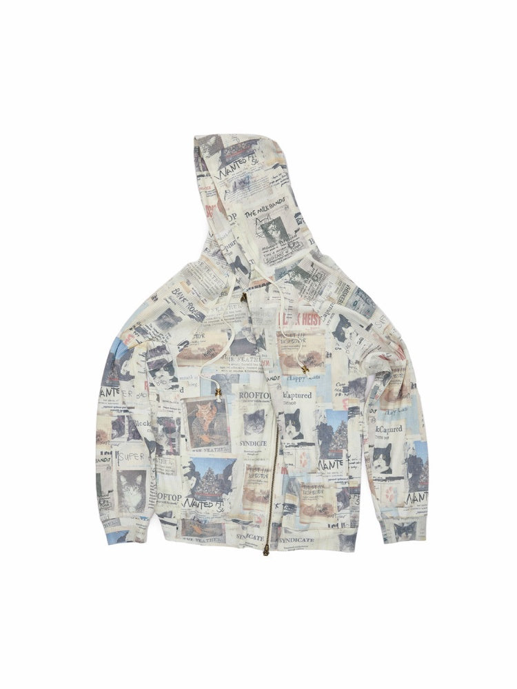 Vintage Cat Newspaper Full-Print Waffle Strap Sweatpants Hooded Cardigan Set【s0000019010】