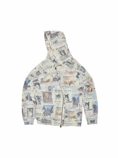 Vintage Cat Newspaper Full-Print Waffle Strap Sweatpants Hooded Cardigan Set【s0000019010】