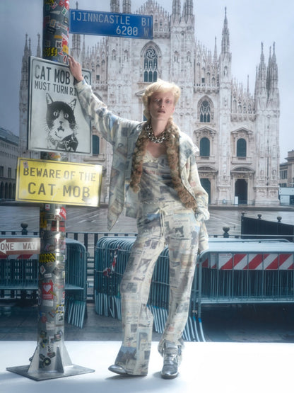 Vintage Cat Newspaper Full-Print Waffle Strap Sweatpants Hooded Cardigan Set【s0000019010】