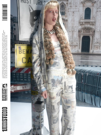Vintage Cat Newspaper Full-Print Waffle Strap Sweatpants Hooded Cardigan Set【s0000019010】