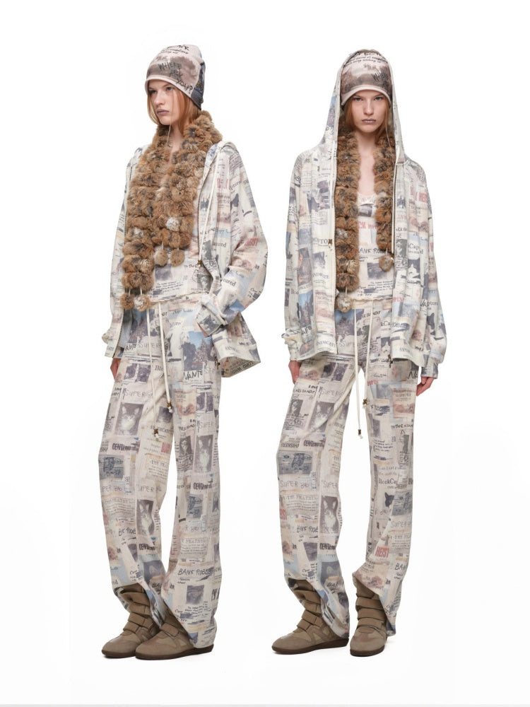 Vintage Cat Newspaper Full-Print Waffle Strap Sweatpants Hooded Cardigan Set【s0000019010】