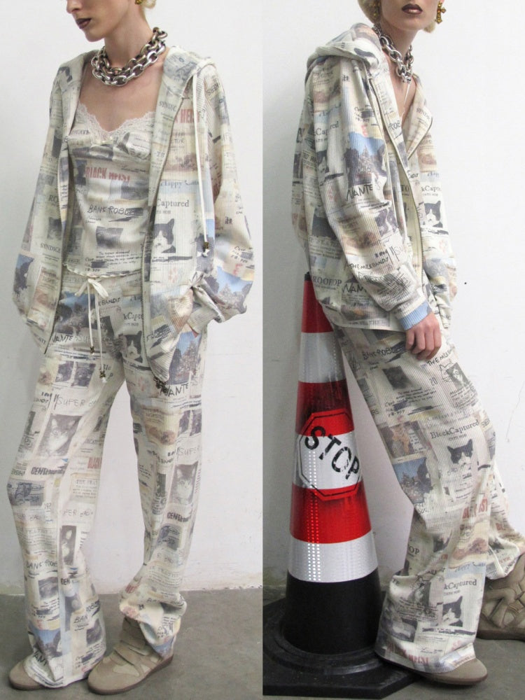 Vintage Cat Newspaper Full-Print Waffle Strap Sweatpants Hooded Cardigan Set【s0000019010】