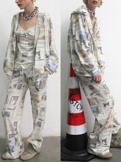 Vintage Cat Newspaper Full-Print Waffle Strap Sweatpants Hooded Cardigan Set【s0000019010】