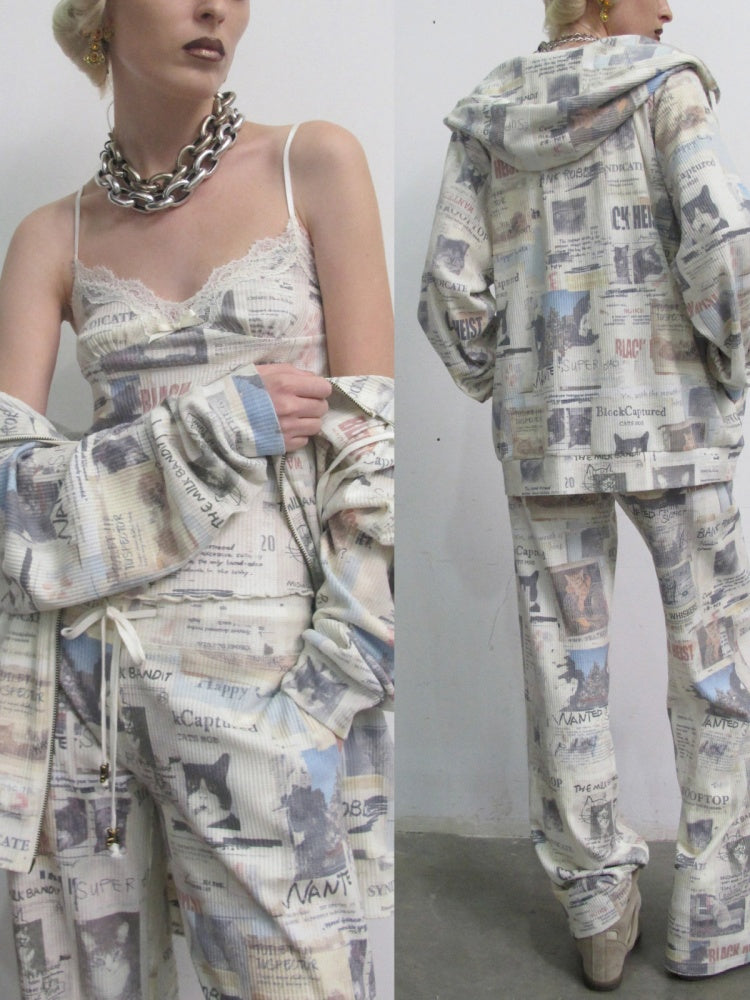 Vintage Cat Newspaper Full-Print Waffle Strap Sweatpants Hooded Cardigan Set【s0000019010】