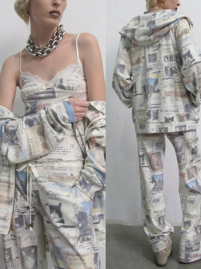 Vintage Cat Newspaper Full-Print Waffle Strap Sweatpants Hooded Cardigan Set【s0000019010】