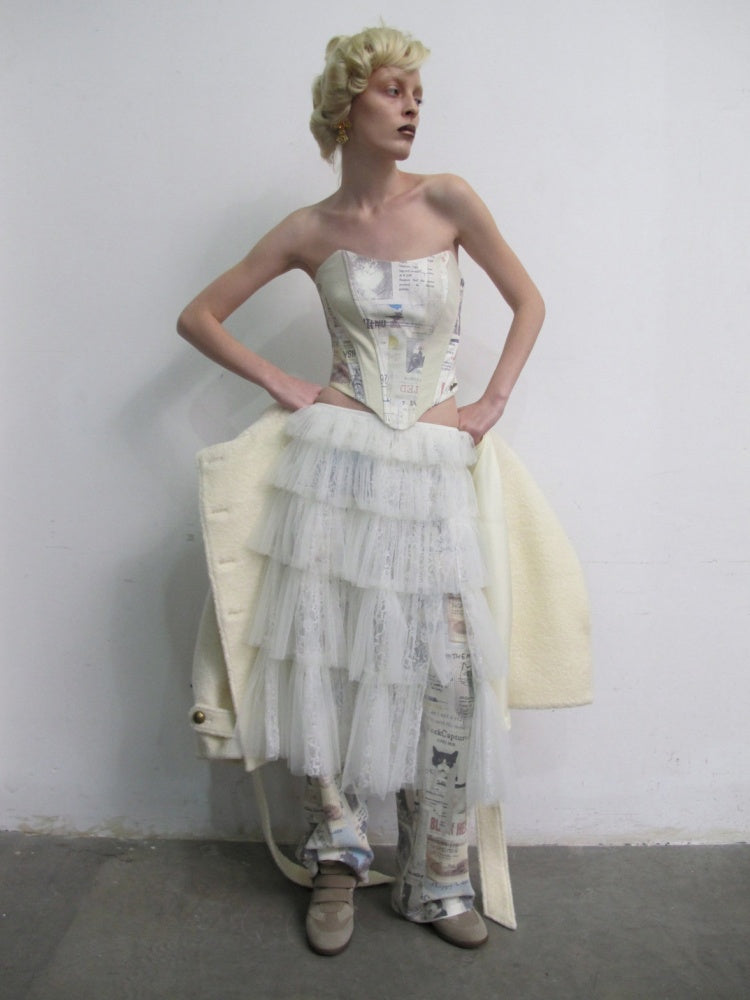 Vintage Cat Newspaper Full-Print Strapless Fishbone Inner Fit Cropped Top【s0000019011】