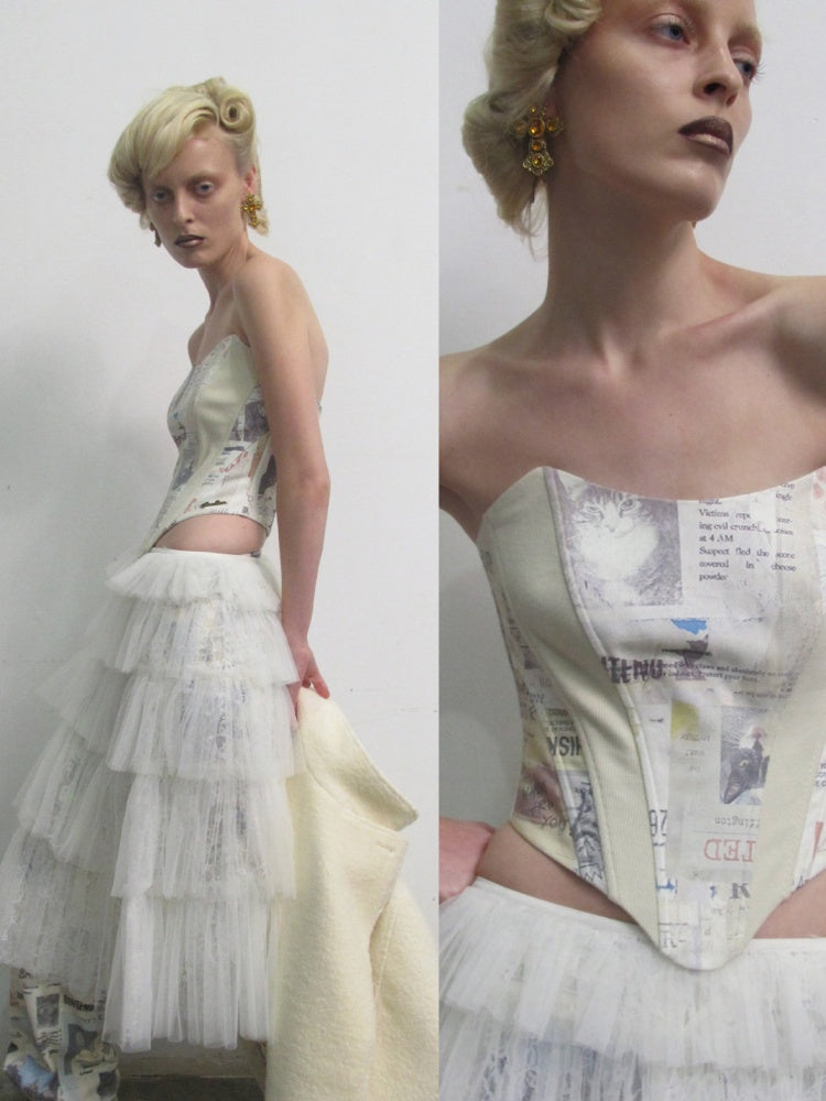 Vintage Cat Newspaper Full-Print Strapless Fishbone Inner Fit Cropped Top【s0000019011】