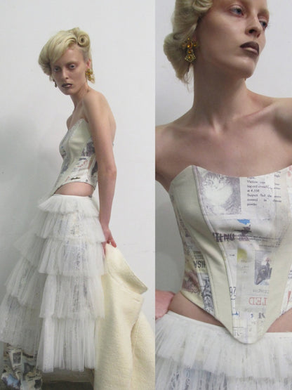 Vintage Cat Newspaper Full-Print Strapless Fishbone Inner Fit Cropped Top【s0000019011】