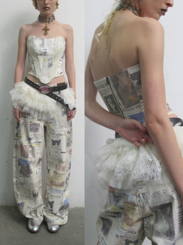 Vintage Cat Newspaper Full-Print Strapless Fishbone Inner Fit Cropped Top【s0000019011】