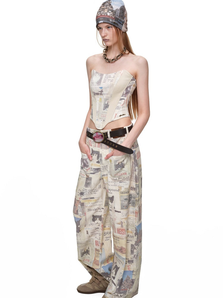 Vintage Cat Newspaper Full-Print Strapless Fishbone Inner Fit Cropped Top【s0000019011】