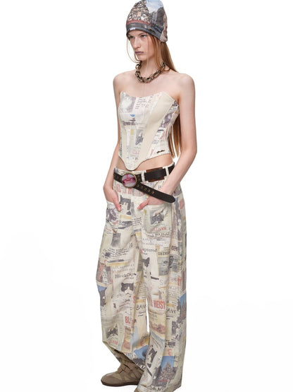 Vintage Cat Newspaper Full-Print Strapless Fishbone Inner Fit Cropped Top【s0000019011】